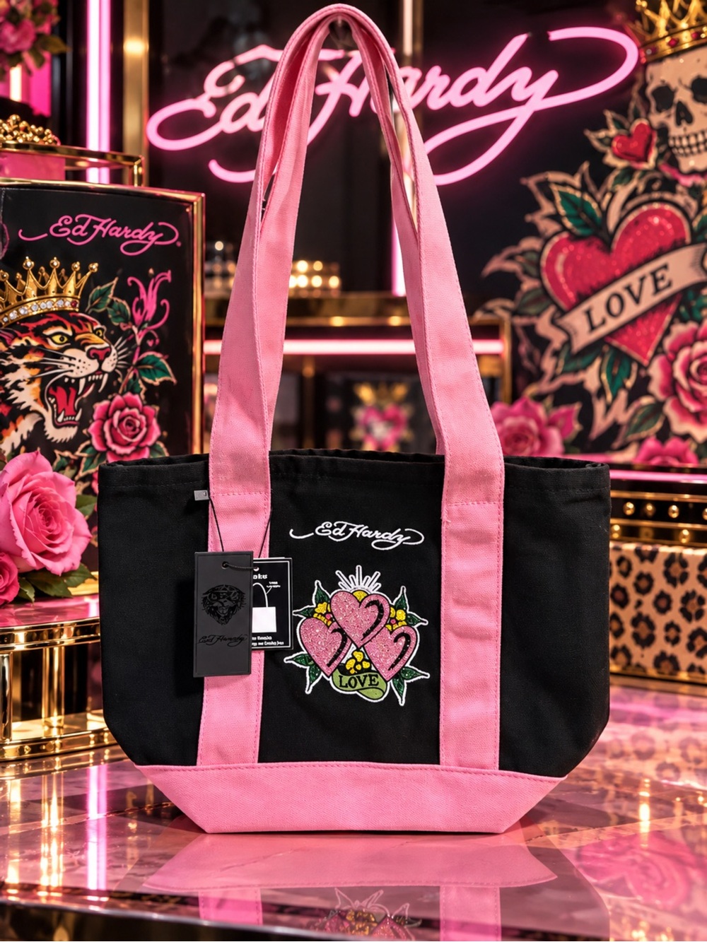 Ed Hardy Black and Pink Canvas Tote with Heart 'LOVE' Patch